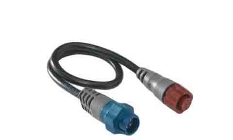 Lowrance 000-0127-04 NMEA 2000 adaptor cable with blue and red round connectors, coiled lead on white background