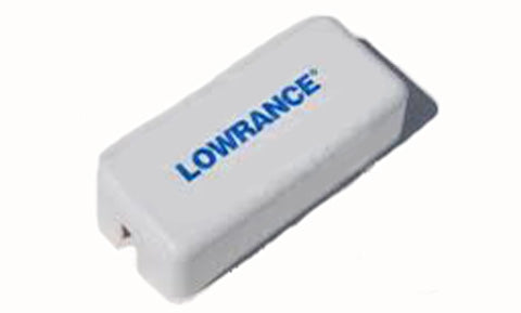 Lowrance 000-10002-001 small white suncover with blue Lowrance logo for Link 8 and LVR-880, three-quarter view