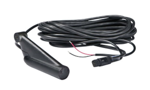 Lowrance 000-10260-001 dual frequency 455-800kHz DownScan skimmer transducer, black housing with coiled cable and bare wires