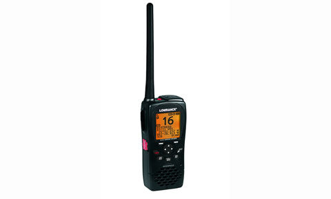 Lowrance Link-2 000-10781-001 handheld VHF radio with aerial and orange display showing channel 16, front view