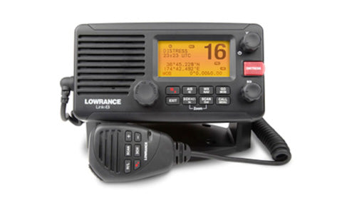 Lowrance Link-8 000-10789-001 fixed mount DSC VHF with AIS receiver, orange display showing channel 16 and coiled mic