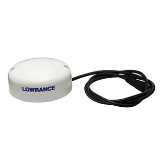 Lowrance 000-11047-002 Point-1 GPS antenna, white domed puck with Lowrance lettering and a black lead