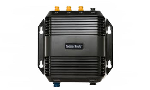 Lowrance Simrad B&G 000-11142-001 SonarHub sounder module, black ribbed box with SonarHub label, orange sockets and ears