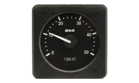B&G 000-11717-001 H5000 analogue 0-50 knot true wind speed, square black dial reading TWS KT with a B&G logo
