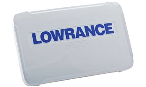 Lowrance 000-12242-001 white HDS-7 Gen3 and Carbon suncover with blue Lowrance HDS lettering, front view
