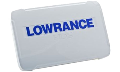 Lowrance 000-12244-001 white HDS-9 Carbon and Gen3 suncover with blue Lowrance HDS lettering, front view