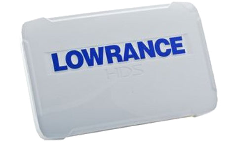 Lowrance 000-12246-001 white HDS-12 Carbon and Gen3 suncover with blue Lowrance logo, angled front view