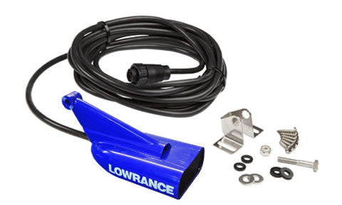 Lowrance XSonic Skimmer HDI transom-mount transducer 000-12570-001 in blue, with cable and fitting hardware