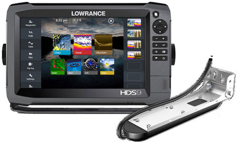 Lowrance HDS-9 Gen3 000-13266-001 showing home screen, with Med High TotalScan transducer shown at right