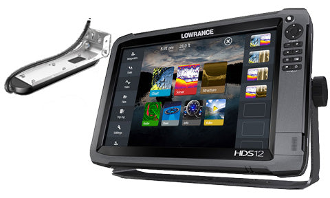 Lowrance HDS-12 Gen3 000-13268-001 on bracket with Med High TotalScan transducer shown beside the display
