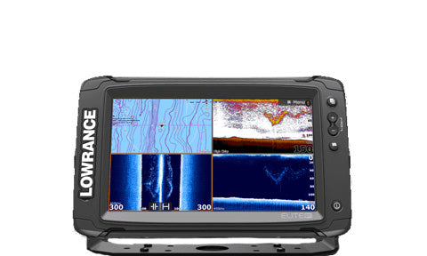 Lowrance Elite-9 Ti 000-13272-001 front view, four-pane screen with chart, sonar and DownScan, on bracket
