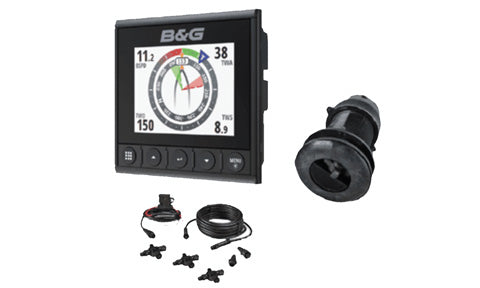 B&G 000-13298-002 Triton2 speed and depth instrument pack, B&G display reading 11.2 and 38 with a transducer and cables