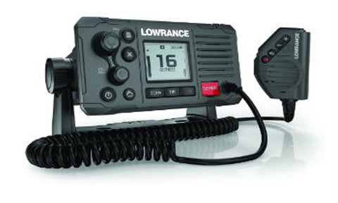 Lowrance Link-6 000-13543-001 black fixed-mount VHF radio on bracket, channel 16 shown, with coiled handset mic