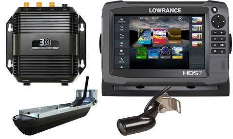 Lowrance HDS-7 Gen3 000-13582-001 3D bundle with display, black 3D sonar module and two transducers laid out