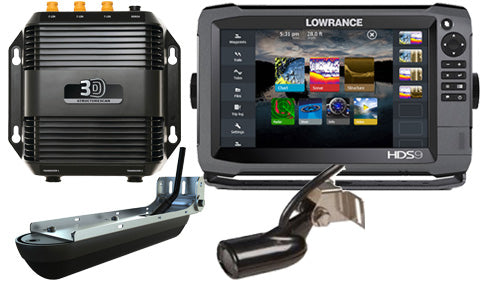 Lowrance HDS-9 Gen3 000-13583-001 chartplotter with StructureScan 3D module and two transducers on white