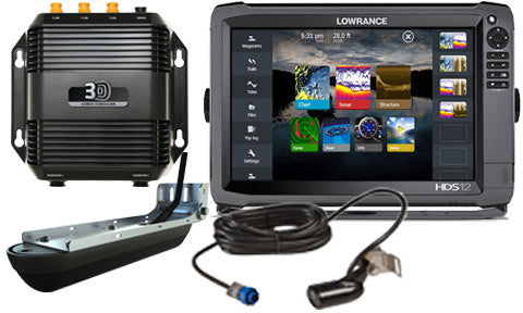 Lowrance HDS-12 Gen3 000-13584-001 with black 3D module, Mid High transducer and 3D transducer around the display