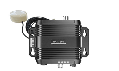B&G Lowrance Simrad 000-13609-001 NAIS 500 Class B AIS system, black ribbed AIS box with a white GPS antenna on a lead