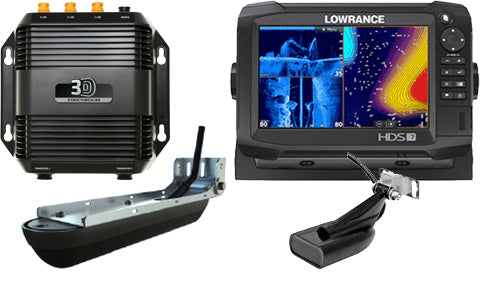 Lowrance HDS-7 Carbon 000-13678-002 with 3D StructureScan module, transducer and display showing sonar imagery