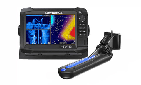 Lowrance HDS-7 Carbon 000-13679-001 display showing sonar scan, with blue and black TotalScan transducer in front