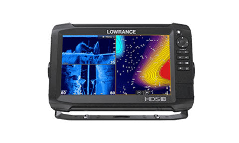 Lowrance HDS-9 Carbon 000-13684-001 chartplotter showing sonar and contour screens, front view, no transducer