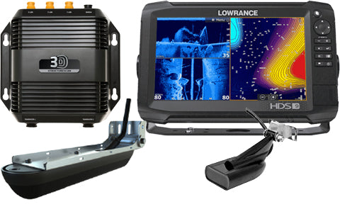 Lowrance HDS-9 Carbon 000-13684-002 with black 3D StructureScan module, transducer and display showing sonar imagery