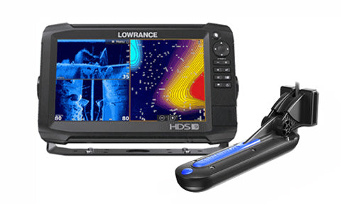 Lowrance HDS-9 Carbon 000-13685-001 showing sonar and chart screen, with TotalScan transducer alongside