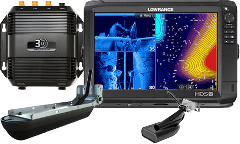 Lowrance HDS-12 Carbon 000-13690-002 with black 3D StructureScan box, transducer and sonar imagery on screen