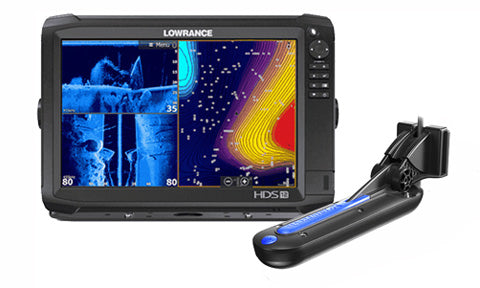 Lowrance HDS-12 Carbon 000-13691-001 showing sonar and contour screens, with blue and black TotalScan transducer