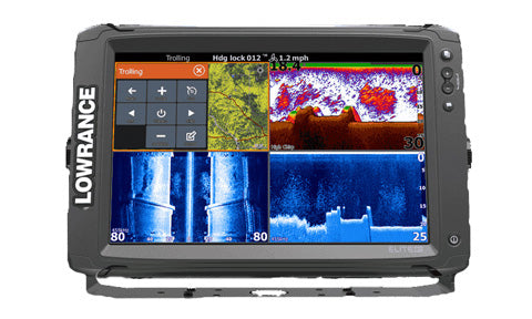 Lowrance Elite-12 Ti 000-13717-001 chartplotter front view, four-pane display with chart, structure and DownScan sonar