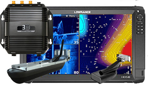 Lowrance HDS-16 Carbon 000-13739-001 with 3D StructureScan box and transducers in front of the large sonar display