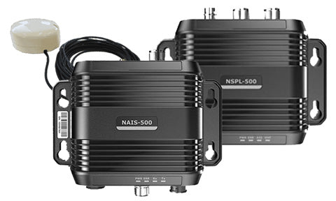 B&G Lowrance Simrad 000-13963-001 NAIS-500 AIS system with splitter, two black ribbed boxes and a white GPS antenna on a lead