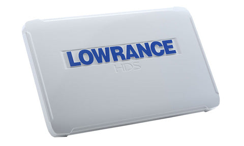Lowrance HDS-16 Carbon 000-13993-001 suncover, light grey cover seen at angle with blue Lowrance HDS logo