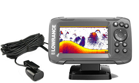 Lowrance Hook2-4x 000-14013-001 fishfinder on bracket with sonar display and Bullet skimmer transducer on cable