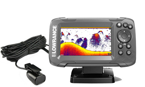 Lowrance Hook2-4x 000-14015-001 fishfinder on bracket with colourful sonar screen and Bullet Skimmer transducer cable