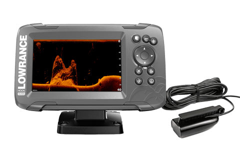 Lowrance Hook2-5x 000-14016-001 on bracket, DownScan image on screen, with Splitshot transducer and cable