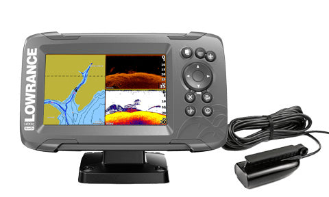 Lowrance Hook2-5 SplitShot 000-14018-001 chartplotter on pedestal bracket with sonar screen, transducer and cable beside it