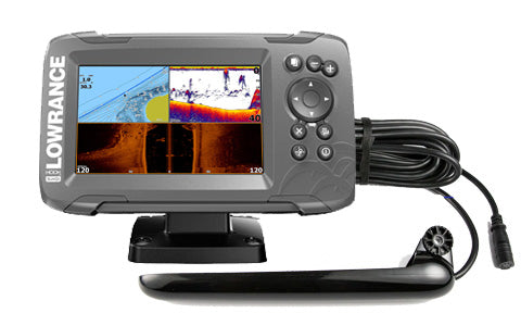 Lowrance Hook2-5 000-14019-001 on bracket, three-panel chart and sonar screen, with TripleShot transducer and cable