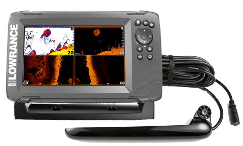 Lowrance Hook2-7x TripleShot 000-14022-001 with sonar and DownScan screens, transducer and cable in front