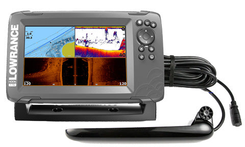 Lowrance Hook2-7 TripleShot 000-14024-001 with chart and sonar panels, transducer and cable beside the display