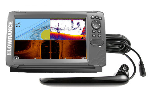 Lowrance Hook2-9 TripleShot 000-14025-001 display with chart, sonar and DownScan panes, with TripleShot transducer and cable
