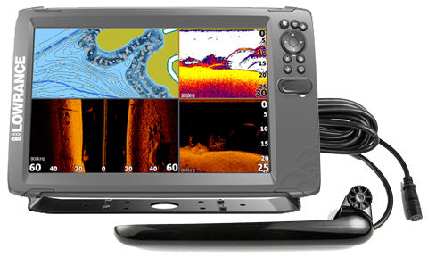Lowrance Hook2-12 TripleShot chartplotter, split screen with chart, CHIRP and sidescan, black transducer below