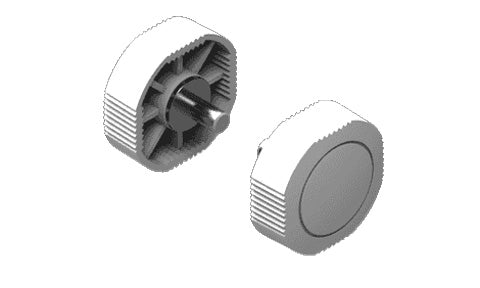 Lowrance 000-14065-001 pair of white mounting knobs for VHF Link-6 bracket, one shown from the side, one from the face