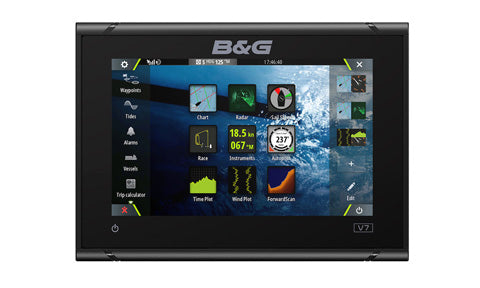 B&G 000-14082-001 Vulcan 7R 7 inch chartplotter radar sonar, front view of a black display showing app tiles
