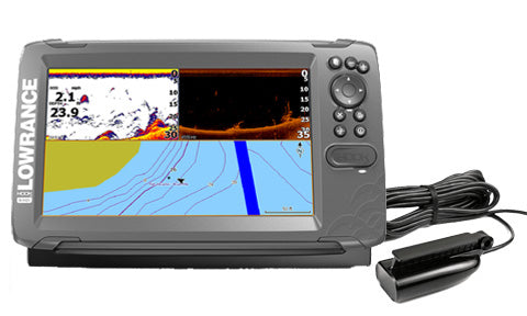 Lowrance Hook2-9 SplitShot 000-14182-001 front view with chart and sonar split screen, with transducer and cable beside it