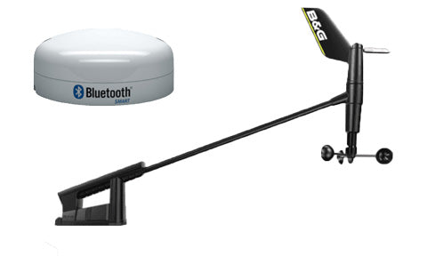 B&G 000-14383-001 WS320 wireless wind pack with interface, white Bluetooth puck, black wind vane, cups and an arm