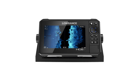 Lowrance HDS-7 Live 000-14418-001 chartplotter on bracket, screen showing sonar imagery, front view, no transducer