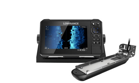 Lowrance HDS-7 Live chartplotter with sonar screen and keypad, supplied with black 3-in-1 transducer in front