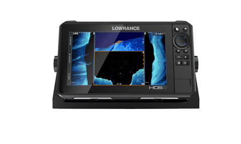 Lowrance HDS-9 Live 000-14424-001 chartplotter on its bracket, screen showing split sonar views, front view