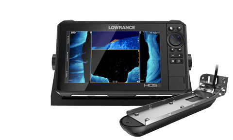 Lowrance HDS-9 Live 000-14425-001 front view with sonar screen, shown beside its 3-in-1 transducer and bracket