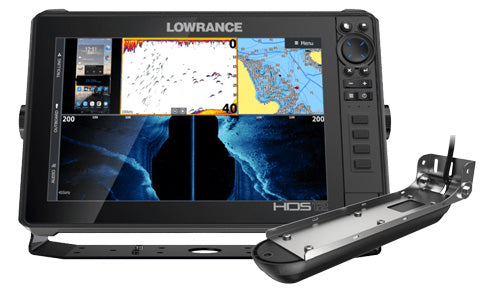 Lowrance HDS-12 Live 000-14431-001 display with split chart and sonar screen, plus 3-in-1 transducer in front